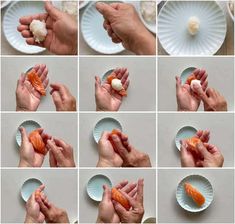 there are many different pictures of hands holding sushi and making it look like they're eating something