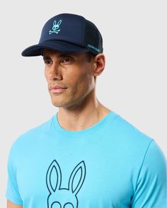 Designed with mesh paneling and ventilation eyelets for all-day comfort, the Paris trucker cap boasts a Bunny logo appliqué at the face and back and wordmark on the side. Also available for Kids 100% PolyesterMade in ChinaCapsModel height is 6'1.5 (approx. 187cm) and is wearing a size medium. Blue Trucker Hat With Logo Patch For Outdoor, Blue Breathable Trucker Hat With Flat Bill, Navy Trucker Hat For Streetwear, Blue Breathable 5-panel Trucker Hat, Breathable Blue Trucker Hat, Navy Trucker Hat With Curved Bill For Outdoor, Blue Breathable Sporty Trucker Hat, Blue Breathable Trucker Hat For Outdoor, Navy Trucker Hat For Sports Events With Curved Bill