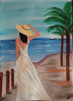 a painting of a woman in a white dress and straw hat looking out at the ocean