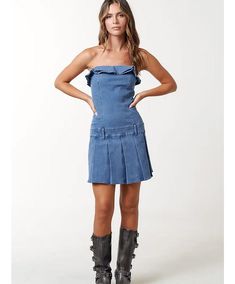 Stretch denim ruffle detail pleated mini dress Denim tube dress Back zip closure 85% Cotton | 13% Poly | 2% Spandex Denim Tube Dress, Tube Mini Dress, Mini Tube Dress, Dress Denim, Dress Back, Pleated Mini Dress, Tube Dress, Dress Backs, Denim Dress