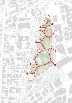 a map with red arrows pointing to different areas in the area, including buildings and streets