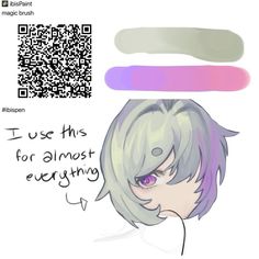 an anime character with white hair and purple eyes has a qr code above his head