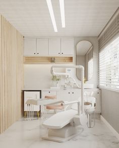 a room with white furniture and wooden slats