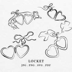 several heart shaped ornaments are shown in black and white, with the words locket on them