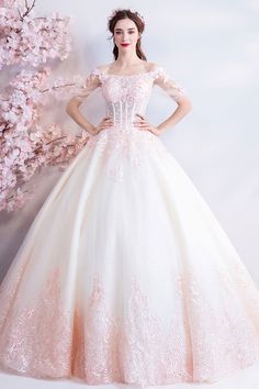 Buy Dreamy Princess White And Pink Ball Gown Wedding Dress Off Shoulder at wholesale price online. Free shipping and pro custom service since 2009. Pink And White Wedding Dress, Quincenera Dresses, Pink Wedding Gowns, Pink Ball Gown, Smile Wallpaper, White Ball Gowns, Macaroon Recipes, Pink Wedding Dress, Applique Wedding