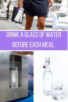 a woman holding a water bottle next to a glass of water and an ice bucket