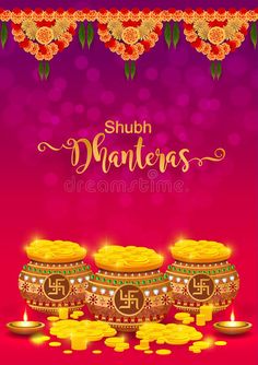 happy diwaling card with gold coins and candles for hindu festival on purple background