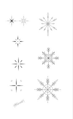 four different snowflakes are shown in black and white, one is drawn on paper