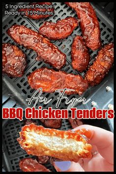 someone is holding up some kind of bbq chicken tenders in their hand, with the text above it