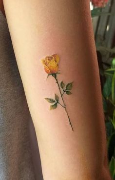 a single yellow rose tattoo on the arm