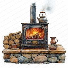 a drawing of a wood burning stove with logs and teapots on the table