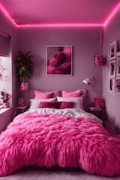 a bedroom with pink walls and carpeted flooring