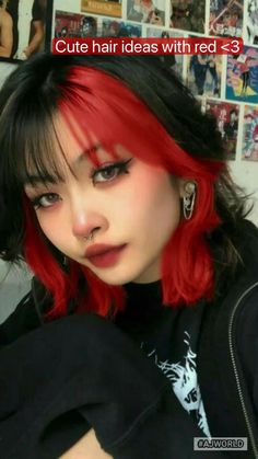 Whos Your Color Person, Dyed Hair Styles For Black Hair, Pretty Natural Hair Color Ideas, Red On Top Blonde Underneath Hair, Colored Wolfcut Hair, Black Hair Dipped Ends, Aesthetic Hair Color Short, Red Underdye Hair Wolfcut, Dyed Hair On Brown Hair