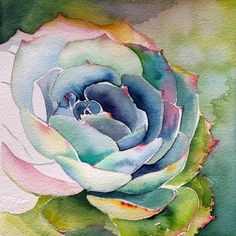 a watercolor painting of a blue and green flower