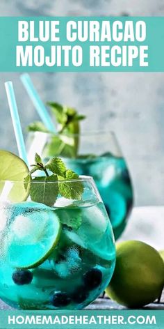 two glasses filled with blue curaco mojito drink and limes on the side