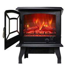 an electric stove with the door open and fire burning in it's side panel