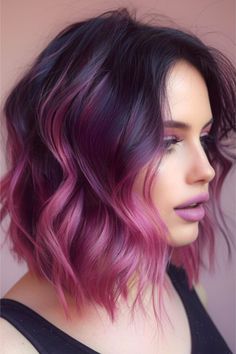 Black to Magenta Ombre Lob Medium-length Hairstyle. Magenta Hair Makeup, Medium Length Haircut With Color, Short Hair Color Ombre, Powerful Hairstyles For Women, Medium Length Purple Balayage, Pink Medium Length Hair, Brown To Color Ombre Hair, Shoulder Length Colored Hair, Magenta Ombre Hair