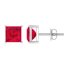 Princess Cut Created Ruby Solitaire Stud Earrings in Gold Lab Created Ruby - ( AAAA ) - Quality - Rosec Jewels Luxury Solitaire Lab-created Ruby Jewelry, Solitaire Earrings, Solitaire Studs, Ruby Earrings, Earrings In Gold, Type 4, Princess Cut, Prong Setting, Elegant Design