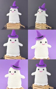 crocheted stuffed animals with different hats on their heads and arms are shown in four squares