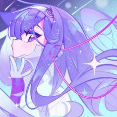 an anime character with long purple hair and stars