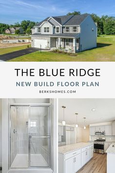 the blue ridge new build floor plan is shown in three different photos and includes an open kitchen, living room, and dining area