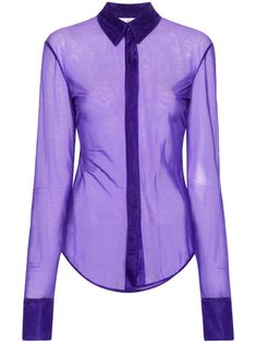 dark purple semi-sheer construction embroidered logo to the rear classic collar concealed front button fastening long sleeves buttoned cuffs curved hem Fitted Sheer Shirt For Workwear, Fitted Sheer Shirt For Work, Chic Sheer Fitted Shirt, Classic Sheer Tops For Fall, Sheer Fitted Button-up Shirt, Fitted Sheer Button-up Shirt, Classic Sheer Top For Office, Chic Sheer Formal Shirt, Chic Formal Sheer Shirt