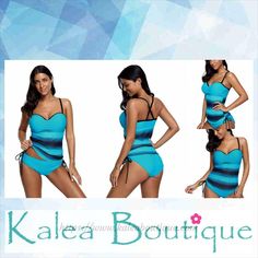 Women Blue Fuzzy Stripe Print Sweetheart Halter Neck 2 PC Tankini Swimsuit Set #KaleaBoutique Summer Fitted Tankini With Built-in Cups, Fitted Tankini With Built-in Bra For Pool, Fitted Tankini With Built-in Bra, Fitted Summer Tankini With Built-in Cups, Fitted Tankini With Built-in Cups For Summer, Fitted Tankini With Built-in Cups For Beach Season, Fitted Underwire Tankini For Swimming, Fitted Underwire Swim Dress For Poolside, Fitted Spaghetti Strap Tankini For Poolside