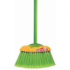 a green broom with yellow bristles on it