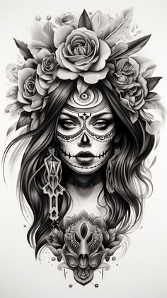 A Chicano art style drawing symbolizing a renaissance, celebrating cultural revival and artistic innovation. Day Of The Dead Girl Tattoo, Art Chicano, Day Of The Dead Girl, Tattoo Style Art, Grim Reaper Tattoo, Chicano Lettering, Reaper Tattoo, Kunst Tattoos