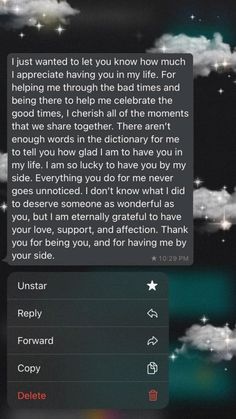 the text message is displayed on an iphone's screen, with clouds and stars in the background