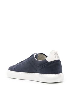 Meet your new favorite kicks—these low-tops are as cool as a breeze on a sunny day, effortlessly blending laid-back vibes with a touch of Italian finesse. They're perfect for those days when you want comfort without compromising style. Slip them on and step out with confidence. Crafted from luxurious calf suede Classic blue hue Secure front lace-up fastening Sturdy flat rubber sole for everyday adventures | Brunello Cucinelli Men's Suede Leather Sneakers in Blue | Size IT 41 | MZUDBTJ264CFX60 Brunello Cucinelli Men, Leather Cap, Sneakers Blue, Sneaker Heels, Blue Suede, Mens Sandals, Brunello Cucinelli, Grey Leather, Lanvin