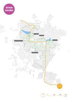 a map showing the location of several different streets and areas in orange, yellow, and green