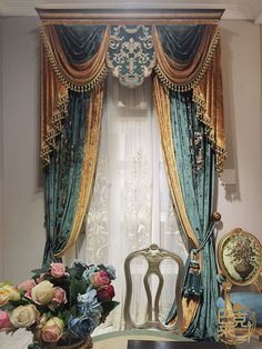 an elegant dining room with fancy drapes and flowers in vases on the table