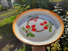 a hand holding an orange and white plate with cherries on it in front of some flowers