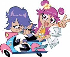 two cartoon characters riding on the back of a scooter