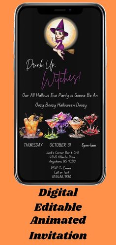 an orange and black flyer for a halloween party