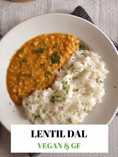 lentil dal, white rice and green garnish on a plate with the words lentil dal vegan gf