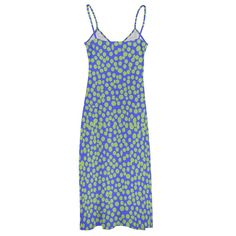 This striking maxi dress showcases a vibrant blue backdrop that sets the stage for a playful, retro-inspired floral pattern with pops of lemon yellow and pale green. • Material: 95% polyester + 5% spandex, lightweight and slightly elastic.• Features spaghetti strap and ankle length, simple but stylish.• All-match fashion, can match high heels, sneakers, or slippers.• Suitable for daily wear for home, out and shopping.• Machine washable in cold water. Do not bleach and soak for a long time.• Note Trendy Blue Beach Midi Dress, Trendy Blue Midi Beach Dress, Trendy Blue Midi Dress For Beach, Trendy Blue Maxi Dress, Blue Long Sundress For Summer, Trendy Blue Sundress For Summer, Blue Printed Maxi Dress With Spaghetti Straps, Trendy Blue Midi Dress For Spring, Blue Printed Sundress For Spring