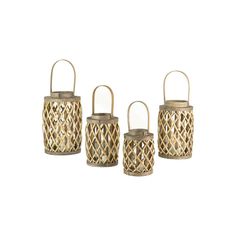 four gold metal lanterns on white background