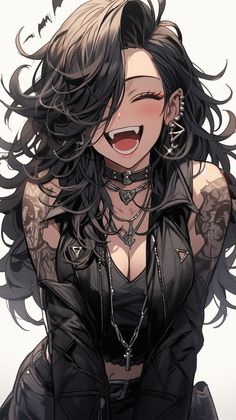 a woman with long black hair and piercings on her chest is laughing at the camera