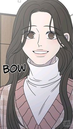 an anime character with long black hair and brown eyes, wearing a turtle neck sweater