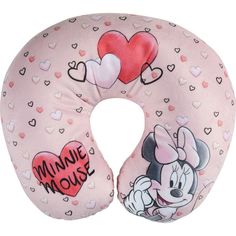 the minnie mouse travel pillow is pink with hearts on it's sides and features an image of mickey mouse holding a heart