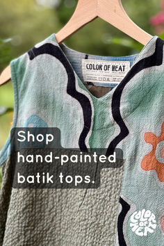 Each of these hand-painted batik tops is completely unique and made of beautifully textured cotton. Front and back are painted in different designs. Summer Batik Print Top With Relaxed Fit, Multicolor Batik Print Summer Top, Multicolor Batik Print Top For Summer, Summer Tie Dye Tops With Batik Print, Hand Printed Relaxed Fit Summer Tops, Hand Printed Relaxed Fit Tops For Summer, Green Batik Print Top For Summer, Spring Batik Print Relaxed Tops, Relaxed Fit Cotton Tops With Batik Print