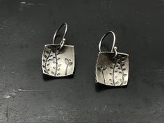 Silver Earrings - Limited Edition dangle earrings from the Echoes Series inspired by the artists garden.  Made of sterling silver, these earrings are cast using the lost wax casting technique in the artists studio, fabricated and oxidized. Pmc Earrings, Etched Metal Jewelry, Bulk Jewelry, Silversmithing Jewelry, Art Jewelry Earrings, Soldered Jewelry, Metal Jewelry Making, Artists Studio, Jewerly Making