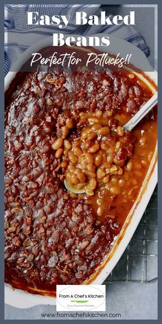 baked beans in a white dish with text overlay that reads easy baked beans perfect for fall