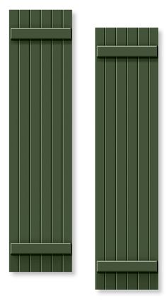 two green wooden shutters with vertical bars on each side, one closed and the other closed