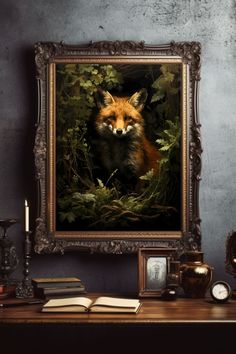 a painting of a fox in a forest with leaves on it's chest and an open book next to it