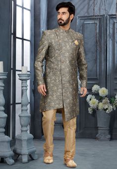 Wedding Matching Outfits, Indo Western Outfit, Indowestern Sherwani, Western Fabric, Indo Western Sherwani, Sherwani For Men, Woven Art, Utsav Fashion, Western Outfit