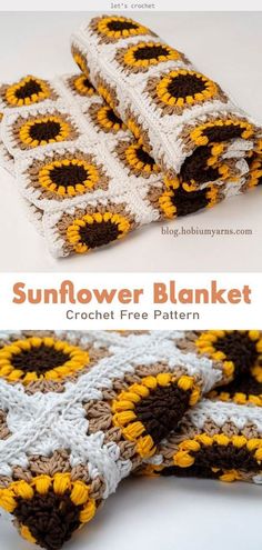 two crocheted sunflower blankets are shown with the title text overlay that reads,'sunflower blanket crochet free pattern '