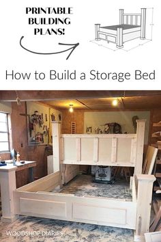 an unfinished bed frame is shown with the words, how to build a storage bed